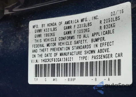 2016 Honda Accord Ex-L from USA, damaged, VIN 1HGCR2F83GA138021